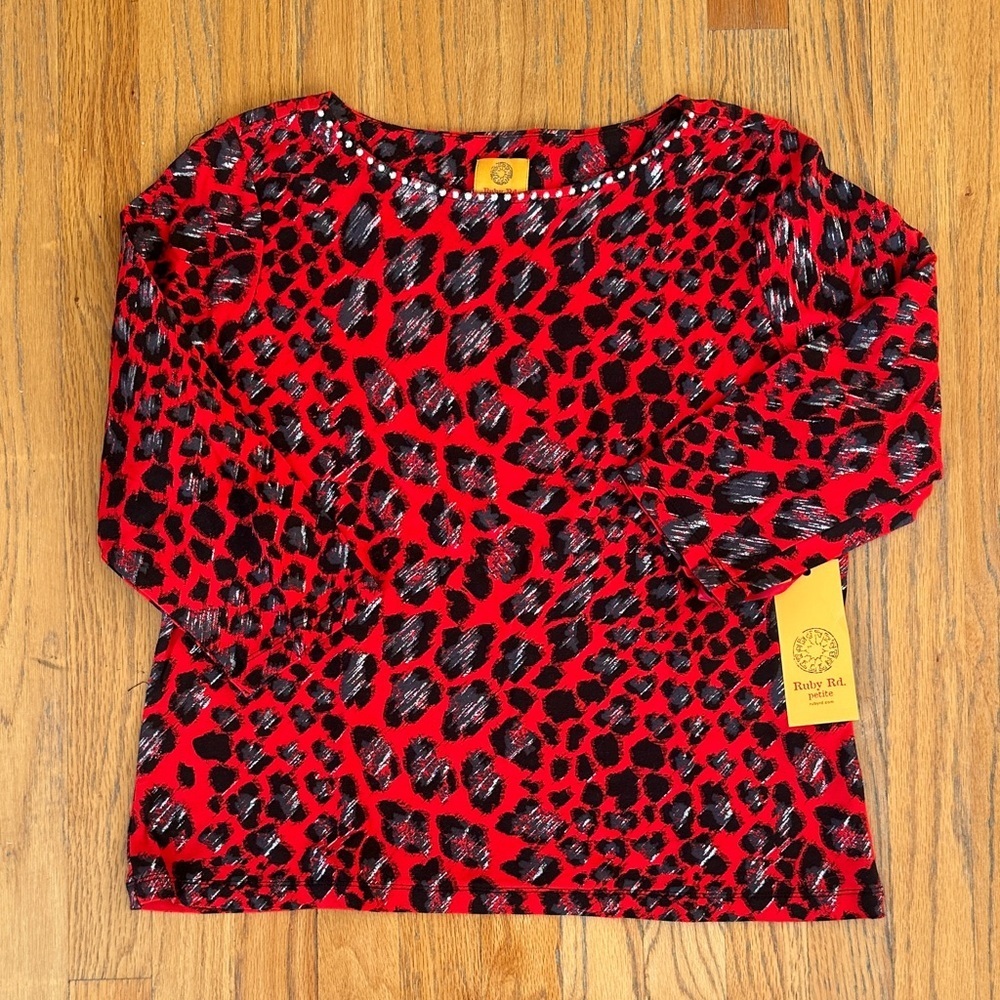 Ruby Rd. Red and Black Animal Print Top - Picture 1 of 7
